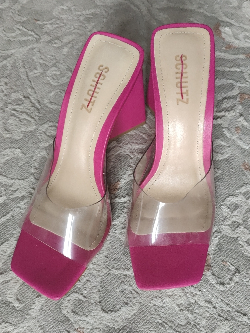 Schutz Pink Clear Strap Block Heel Mules NWT